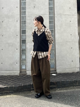 「KBF（ケイビーエフ）のビスチェSETチェックシャツ（シャツ/ブラウス、ベージュ系）」を使った、こばさん（レディース・165cm）の夏コーディネート