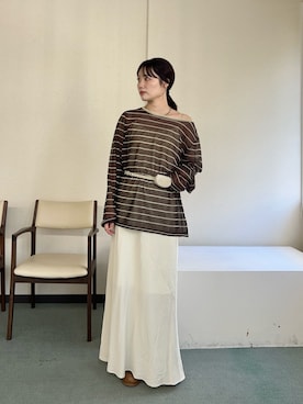 「KBF（ケイビーエフ）のシアーボーダールーズニット（ニット/セーター、ブラウン系）」を使った、こばさん（レディース・165cm）の夏コーディネート
