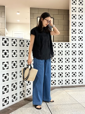 「URBAN RESEARCH Sonny Label(アーバンリサーチサニーレーベル)の『WEB限定』バンドカラーコットンレースシャツ(シャツ/ブラウス、ブラック系)」を使った、yokouchiさん(レディース・164cm)の夏コーディネート