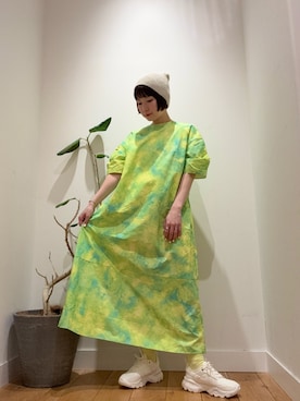 「EKAL（エカル）の『UR TECH』ナイロンタッサーワンピース（ワンピース、グリーン系）」を使った、abeさん（レディース・158cm）の春コーディネート