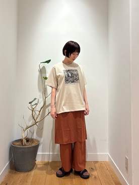 「EKAL（エカル）のフォトプリントショートスリーブTシャツ（Tシャツ/カットソー、ベージュ系）」を使った、abeさん（レディース・158cm）の春コーディネート