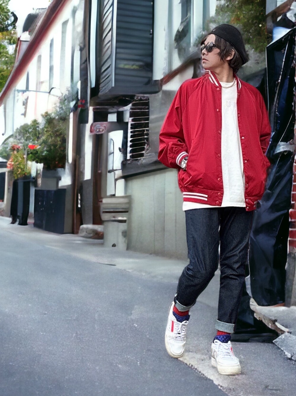 「ストリート、NIKE、AIR FORCE 1、mensfudge、FUDGE、CLUEL、デニム、春夏コーデ、ビタミンカラー、淡色コーデ、厚底シューズ、スニーカー、きれいめカジュアル、ビッグシルエット、お出かけコーデ日記」｜「THRASHERの【THRASHER / スラッシャー】ロゴデザイン ハンチング（ハンチング/ベレー帽、ブラック系）」を使った、masakazusandayoさん（メンズ・169cm）の春コーディネートの1枚目の写真