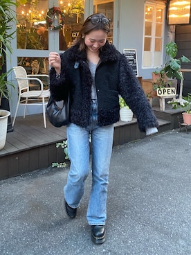 「Ungrid（アングリッド）のアイテム（ムートンコート）」を使った、佐々木悠さん（レディース・158cm）の冬コーディネート