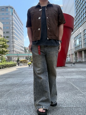 「SELLE GLANT（セレグランテ）のDENIM-LIKE TOGGLE BUCKLE SHIRT JACKET / デニムライクトグルバックルシャツジャケット（シャツ/ブラウス、ブラウン系）」を使った、hiroさん（メンズ・175cm）の夏コーディネート