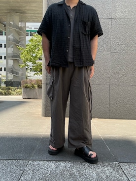 「CLEL（クレイル）の【CLEL】M-47Design TR Loose Parachute Pants/M-47デザイン TRルーズ パラシュートパンツ【セットアップ対応】（カーゴパンツ、ブラウン系）」を使った、hiroさん（メンズ・175cm）の夏コーディネート