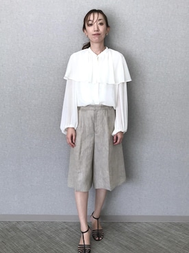 「ROPE'（ロペ）の楊柳フリルブラウス（シャツ/ブラウス、ホワイト系）」を使った、arakakiiiiさん（レディース・162cm）の夏コーディネート