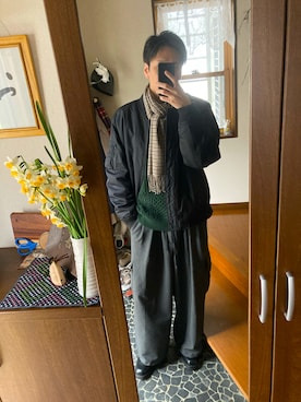 「UNIQLO（ユニクロ）のアイテム（MA-1、ブラック系）」を使った、みずひとさん（メンズ・177cm）の冬コーディネート