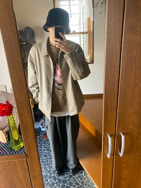 「AIVER（アイバー）のエコファーバケットハット（ハット、ブラック系）」を使った、みずひとさん（メンズ・177cm）の秋コーディネート