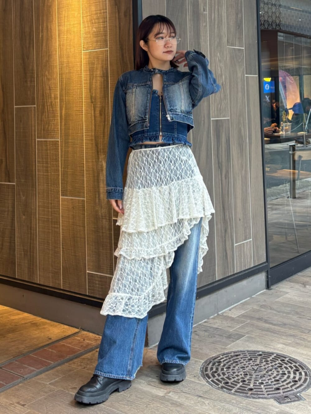 EVRIS (エヴリス) デニムバイカーブルゾン/サイドカッティングワイドデニム EVRIS (エヴリス) デニムバイカーブルゾン/サイドカッティングワイドデニム