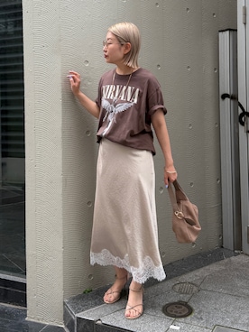 「LOUNGEDRESS（ラウンジドレス）の【GOOD ROCK SPEED】《バンドT》NIRVANA IN UTERO T（Tシャツ/カットソー、ブラウン系）」を使った、_yoshinosan__さん（レディース・160cm）の夏コーディネート