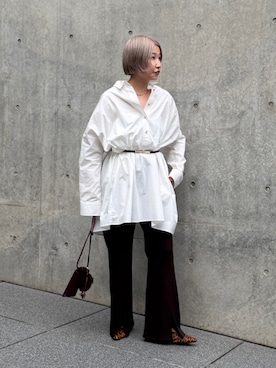「LOUNGEDRESS（ラウンジドレス）の《体型カバー/1枚でサマになる》チュニックシャツ（シャツ/ブラウス、ホワイト系）」を使った、_yoshinosan__さん（レディース・160cm）の夏コーディネート