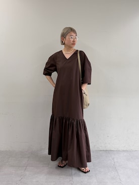 「LOUNGEDRESS（ラウンジドレス）のコクーンスリーブワンピース（ワンピース、ブラウン系）」を使った、_yoshinosan__さん（レディース・160cm）の春コーディネート