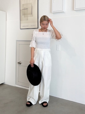 「LOUNGEDRESS（ラウンジドレス）の【PUFRILL/パフリル】シャーリングブラウス（シャツ/ブラウス、ホワイト系）」を使った、_yoshinosan__さん（レディース・160cm）の春コーディネート