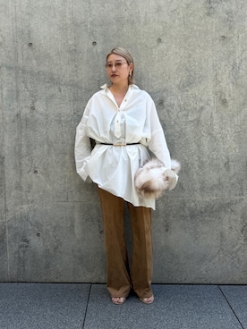 「LOUNGEDRESS（ラウンジドレス）の《体型カバー/1枚でサマになる》チュニックシャツ（シャツ/ブラウス、ホワイト系）」を使った、_yoshinosan__さん（レディース・160cm）の夏コーディネート
