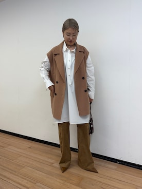 「LOUNGEDRESS（ラウンジドレス）の《体型カバー/1枚でサマになる》チュニックシャツ（シャツ/ブラウス、ホワイト系）」を使った、_yoshinosan__さん（レディース・160cm）の夏コーディネート