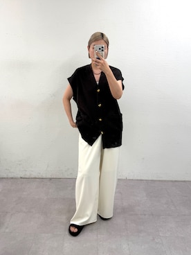 「LOUNGEDRESS（ラウンジドレス）のツイストボタンフレンチニットカーデ（カーディガン/ボレロ、ブラウン系）」を使った、_yoshinosan__さん（レディース・160cm）の春コーディネート