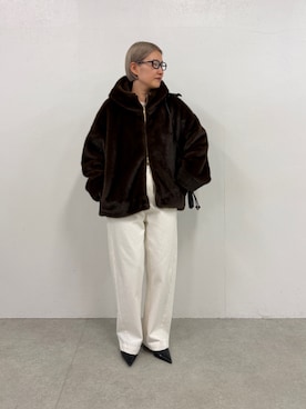 「LOUNGEDRESS（ラウンジドレス）の《WEB限定》フードフェイクファーブルゾン（ブルゾン、ブラウン系）」を使った、_yoshinosan__さん（レディース・160cm）の秋コーディネート
