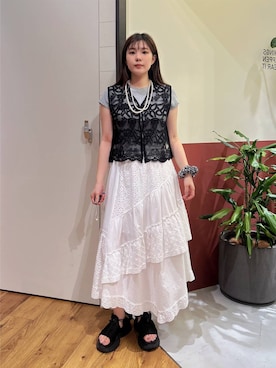 「RAGEBLUE（レイジブルー）のパッチワークコットンレースフリルスカート（スカート、ホワイト系）」を使った、mayukaさん（レディース・162cm）の夏コーディネート