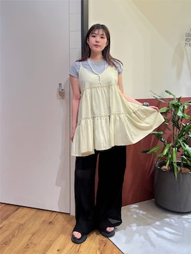 「RAGEBLUE（レイジブルー）のコットンティアードキャミワンピース（チュニック、グリーン系）」を使った、mayukaさん（レディース・162cm）の夏コーディネート
