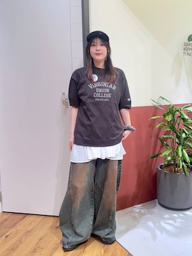 「RAGEBLUE（レイジブルー）の＜DISCUS/ディスカス＞カレッジBIGTシャツ（Tシャツ/カットソー、ブラック系）」を使った、mayukaさん（レディース・162cm）の夏コーディネート
