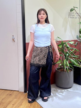 「RAGEBLUE（レイジブルー）のサイドリボンワイドデニムカーゴパンツ（デニムパンツ、ブルー系）」を使った、mayukaさん（レディース・162cm）の夏コーディネート