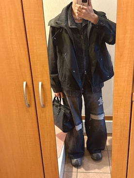 「アイテム（ライダースジャケット）」を使った、Eneさん（メンズ・163cm）の秋コーディネート