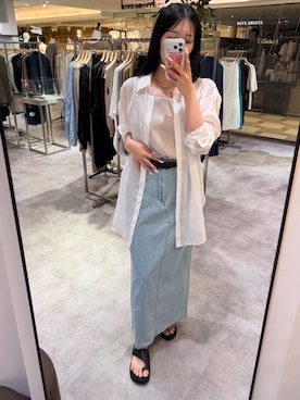 「RIVE DROITE（リヴドロワ）の【A・MONN】【手洗い可/セットアップ対応可】ライトIラインデニムスカート（スカート、ブルー系）」を使った、rinkaさん（レディース・162cm）の夏コーディネート