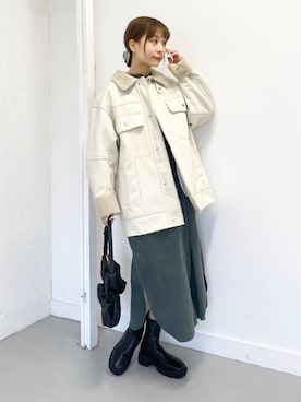 「KBF（ケイビーエフ）のオーバーサイズボアジャケット（その他アウター）」を使った、anzuさん（レディース・158cm）の冬コーディネート