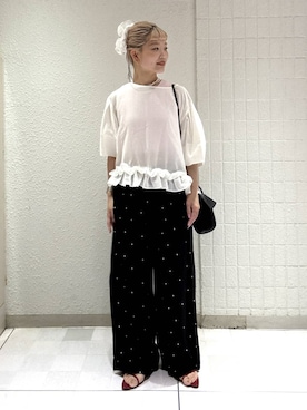 「A part by（アパートバイ）のシアーストライプシュシュ（シュシュ、ホワイト系）」を使った、sayakaさん（レディース・158cm）の春コーディネート