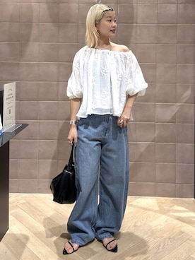 「A part by（アパートバイ）のフラワーシシュウブラウス（Shirts、ホワイト系）」を使った、sayakaさん（レディース・158cm）の夏コーディネート
