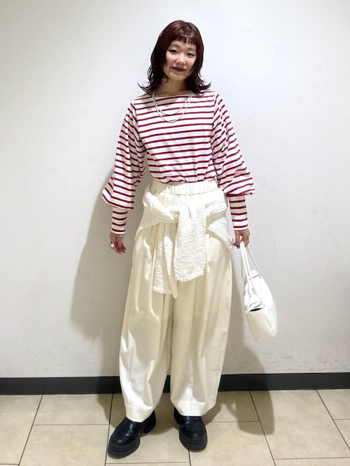 FOXEY パフスリーブ ボーダートップス tシャツ パフスリーブクロップド丈ボーダートップス レディース