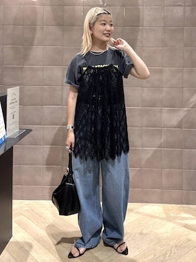 「A part by（アパートバイ）のラッセルレースキャミ（Camisole、ブラック系）」を使った、sayakaさん（レディース・158cm）の夏コーディネート