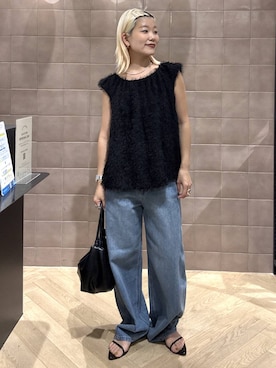 「A part by（アパートバイ）のショルダーバルーンノースリーブブラウス（Shirts、ブラック系）」を使った、sayakaさん（レディース・158cm）の夏コーディネート