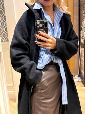 「A part by（アパートバイ）の【LA FINE BOUCHEコラボ】ストライプシャツ（シャツ/ブラウス、ブルー系）」を使った、sayakaさん（レディース・158cm）の秋コーディネート