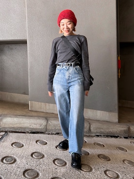 「アイテム（ニットキャップ/ビーニー、レッド系）」を使った、BLACKBYMOUSSY_staffさん（レディース・158cm）の夏コーディネート