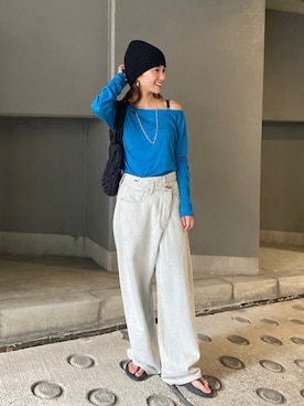「ブルーコーデ」｜「アイテム（ニットキャップ/ビーニー）」を使った、BLACKBYMOUSSY_staffさん（レディース・158cm）の夏コーディネート