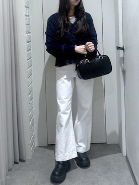 「FREE'S MART（フリーズマート）の◇ショートシャギーペプラムニットカーディガン【動画有】（ニット/セーター、ブルー系）」を使った、yurm6さん（レディース・153cm）の冬コーディネート