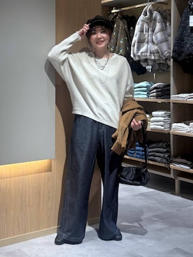 「GLOBAL WORK（グローバルワーク）のストレッチ総レースフーディー/1054133（Tシャツ/カットソー、ホワイト系）」を使った、aichangwさん（レディース）の秋コーディネート