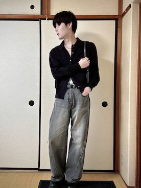 「SINSS（シンス）のニットカーディガン（カーディガン/ボレロ、ブラック系）」を使った、いのこさん（メンズ・174cm）の春コーディネート