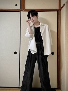 「cussil（クシル）の【cussil/クシル】TRストレッチルーズシルエット2wayオープンカラーシャツ（シャツ/ブラウス、ホワイト系）」を使った、いのこさん（メンズ・174cm）の春コーディネート