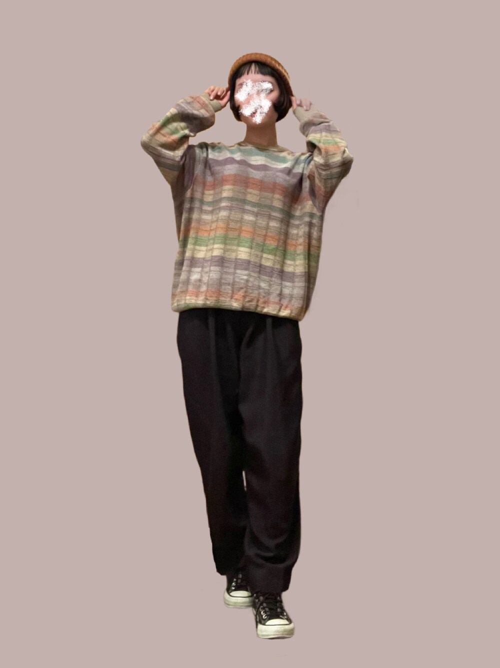「春のNewスタイル、春服、パンツスタイル、ニット、ニット帽、古着、古着コーデ、スニーカー」｜「usedのcircus（ニット/セーター、その他）」を使った、ゆずさん（骨格ウェーブ・レディース・157cm）の春コーディネートの1枚目の写真