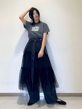 「KBF（ケイビーエフ）のポケットベルトSETチュールスカート（スカート）」を使った、のぐさん（レディース・165cm）の夏コーディネート