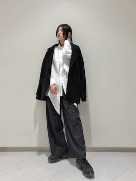 「ハンサムコーデ」｜「アイテム（ステンカラーコート）」を使った、のぐさん（レディース・165cm）の冬コーディネート