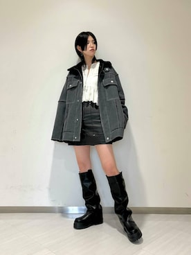 「KBF（ケイビーエフ）のカバーデザインロングブーツ（ブーツ）」を使った、のぐさん（レディース・165cm）の秋コーディネート