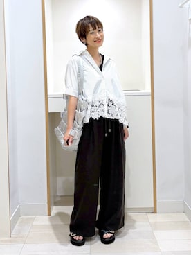 「GLOBAL WORK（グローバルワーク）のフレンチリネンワイドパンツ/600996（その他パンツ、ブラック系）」を使った、mahimahi0220さん（レディース）の夏コーディネート