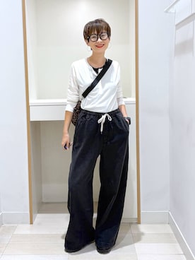「GLOBAL WORK（グローバルワーク）のサラサラヘンリーネック長袖プルオーバー/1017895（Tシャツ/カットソー、ホワイト系）」を使った、mahimahi0220さん（レディース）の秋コーディネート