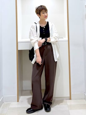 「GLOBAL WORK（グローバルワーク）のイージーケアストレッチ/ワイドパンツ/634307（その他パンツ、ブラウン系）」を使った、mahimahi0220さん（レディース）の春コーディネート