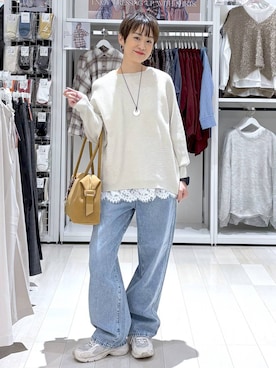 「GLOBAL WORK（グローバルワーク）のGOODデニムバギーパンツ/498388（デニムパンツ）」を使った、mahimahi0220さん（レディース・159cm）の秋コーディネート