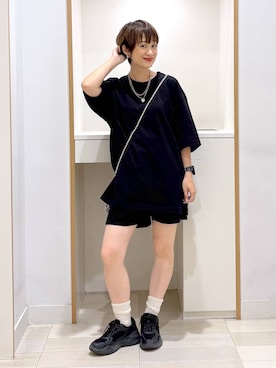 「GLOBAL WORK（グローバルワーク）のマイニチタキノウクルーTシャツ/636395（Tシャツ/カットソー、ブラック系）」を使った、mahimahi0220さん（レディース）の夏コーディネート