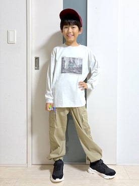 「アイテム（カーゴパンツ、ベージュ系）」を使った、mahimahi0220さん（キッズ・136cm）の秋コーディネート